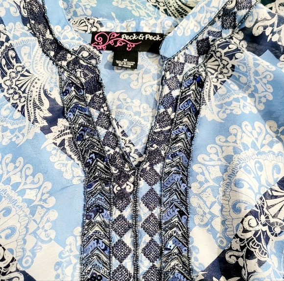 Peck & Peck Women's Blouse Size M Blue White Paisley Tunic Top Boho Embroidered - Picture 5 of 12